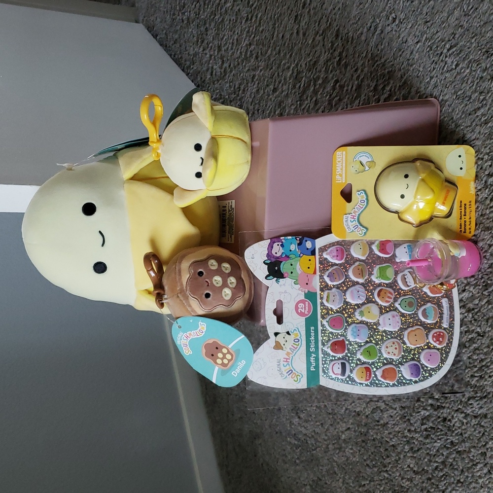 Kids Bundle Junie The Banana Squishmallow Junie Lip Balm 2 Clips Stickers NEW
